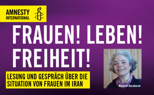 Frauen! Leben! Freiheit! und ein Bild der Autorin Monireh Baradaran.