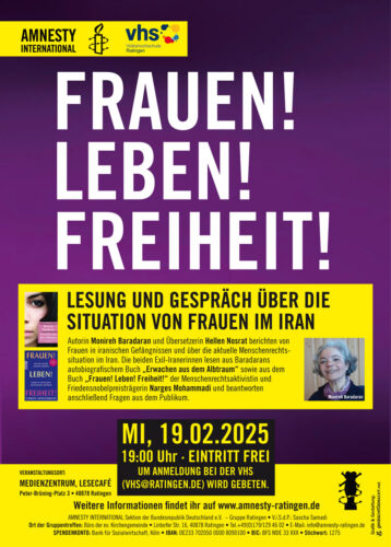 Plakat zur Veranstaltung, es ist groß "Frauen! Leben! Freiheit!" zu lesen, darunter ein erklärender Text und die Buchtitel der beiden Bücher sowie ein Bild der Autorin Monireh Baradaran.